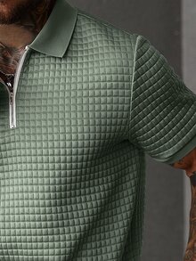 Manfinity Homme 男士夏季休閒卡其色兩件套套裝，老錢風紋理面料半拉鍊 Polo 衫與前縫線長褲套裝，度假通勤舒適穿搭 - 綠色 - 查看 5