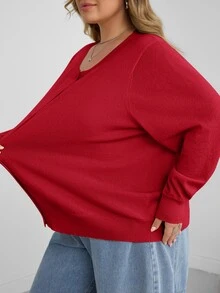 SHEIN CURVE+ 大尺碼女款休閒純色圓領長袖寬鬆剪裁冬季上衣 - 紅色 - 查看 7