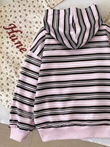 SHEIN Tween Girls Tween Girl Striped Print Sweatshirt, Suitable For Autumn/Winter, Everyday Wear All Seasons - Pink - View 6
