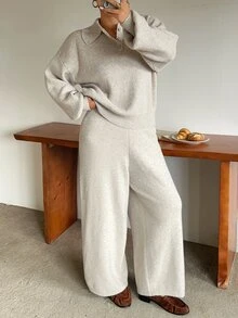 Dazy Plus Autumn/Winter New Style Lapel Casual Pants & Sweater 2 Pieces Set - Apricot - View 5