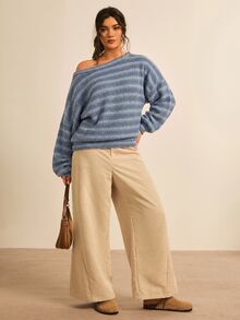 Freevana Plus Size Casual Everyday Striped Drop Shoulder Loose Fit Sweatshirt Fall - Blue - View 3