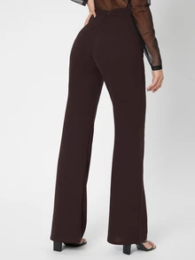 SHEIN Tall 高個女款純色後拉鍊寬腿長褲 - 咖啡棕 - 查看 2