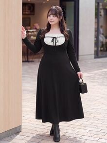 Bijouette Plus Size Contrast Frill Trim Square Neck Bowknot Front 2 In 1 Dress,Cafe,Afternoon Tea,Preppy Style,Christmas,Ladylike,French Vintage Fall - Black - View 2