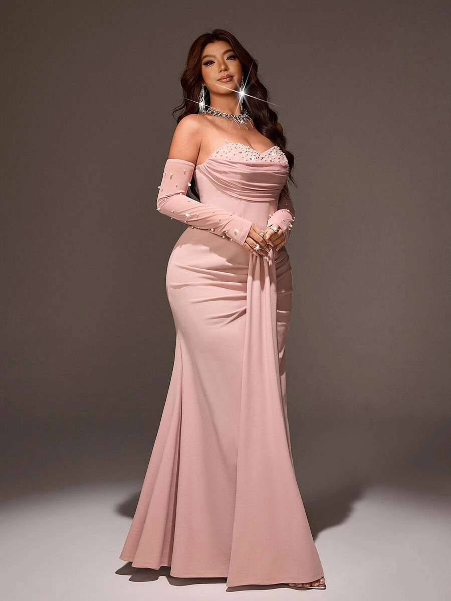Viva Relle Plus Size Women's Off-Shoulder Ruched Faux Pearl Decor Elegant Waist-Cinching Party Dress - Pink - View 1