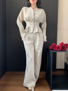 Feyla French Elegant Button-Up Waist Blouse And Pleated Long Pants Set - Apricot - View 5