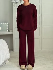 CovetEZ 女款純色圓領長袖上衣與長褲休閒針織毛衣套裝，女款秋季服飾 - 酒紅色 - 查看 7