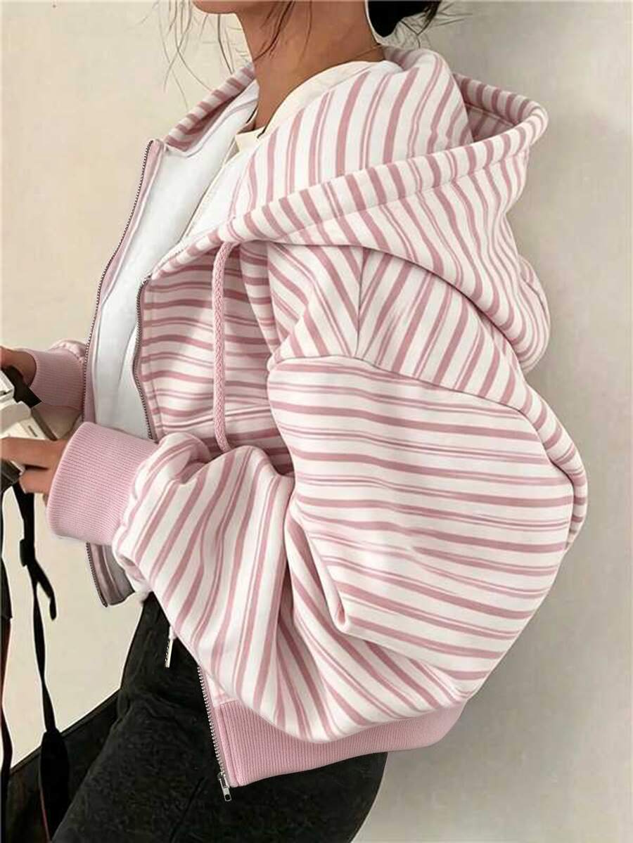 SHEIN x Carly Lawrence INAWLY 女款純色灰色抓絨連帽抽繩衛衣,長袖休閒上衣,秋季返校季畢業季教師衛衣 - 粉色 - 查看 1