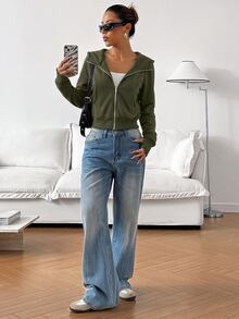 SHEIN EZwear 女款純色極簡運動休閒寬鬆連帽衛衣，適合畢業、機場、返校穿搭，教師秋季灰色 - 軍綠色 - 查看 3