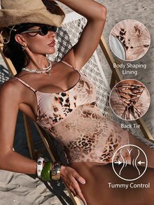 Shapewave Women's Leopard Print One-Piece Swimsuit, Suitable For Beach Vacation, Pool Party, Beach Party - Brown - View 1