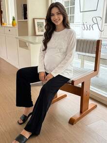 DAZY Floral Pattern Embroidered Loose Long Sleeve Crew Neck Casual Everyday Versatile Spring Autumn Maternity T-Shirt - White - View 6
