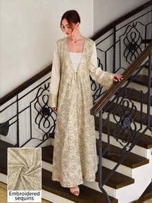 Yasmyna Elegant Luxurious Heavy Embroidery Long Robe With V-Neck Front Tie And Patchwork Cuffs Women's Arabic Abaya - Apricot - View 7
