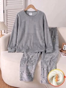 2pcs/Set Boys Fashion New Solid Color Crew Neck Long Sleeve Top With Game Pattern Element Full Print UV Shines Glowing Long Pants Double-Sided Flannel Fuzzy Pattern Print Loungewear Pajamas - Multicolor - View 4