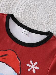 秋冬男童紅色聖誕印花簡約時尚休閒圓領舒適藍鯨短袖上衣與長褲2件套修身居家服節日風 - 紅色 - 查看 4