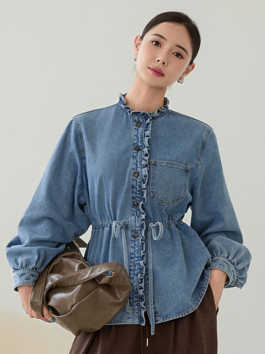 Dazy-Less Autumn Cotton Medium Wash Blue Lapel Collar Button Pocket Decor Washed Loose Long Sleeve Women's Denim Top - Medium Wash - View 1