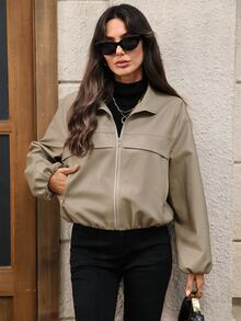 SHEIN LUNE 女款拉鍊短版PU皮革夾克，秋季服飾，飛行員夾克戶外穿搭，深棕色公路旅行旅遊休閒街頭風夜生活穿搭 - 杏色 - 查看 3