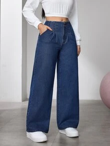 Flexra Women's Loose Wide Leg Jeans, Deep Blue Washed, Double Button Front Waist With Pleats, Elastic Back Waist, Comfortable Non-Binding, Hip-Flattering Slimming, Versatile For Commute And Travel, Autumn/Winter - Dark Wash - View 3