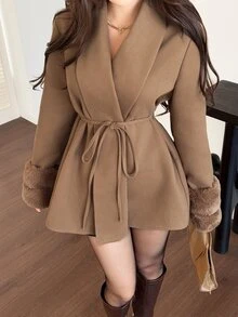 Feyla Winter New Camel Double-Faced Overcoat With Striped Patchwork, Elegant Vintage Wool Jacket - Camel - View 7
