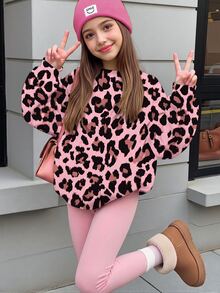 青少年女孩休閒運動酷女孩豹紋粉色刷毛衛衣彈性腰長褲套裝，秋季街頭風慢跑校園穿搭 - 白色 - 查看 2