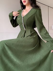 Feyla New French Vintage Contrast Trim Waist-Cinching A-Line Corduroy Long Dress - Green - View 5