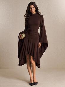 Poéselle Women's Elegant Pleated Asymmetrical Hem Dress - Brown - View 8