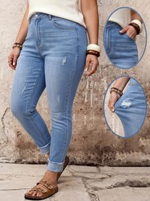 SHEIN ICON 大尺碼女款高彈性口袋修身休閒牛仔褲 - 淺色水洗藍 - 查看 8