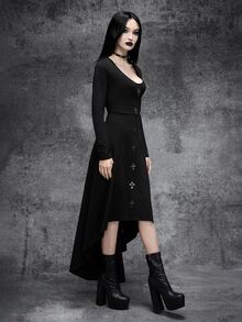 Cryptelle Autumn/Winter Black Gothic Cross Blended Fabric Asymmetrical Hem Dress, Halloween Outfit - Black - View 5