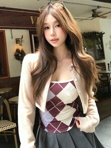 DAZY Women's Diamond Quilted Camisole And Cardigan Casual 2 Pieces Set - Apricot - View 1