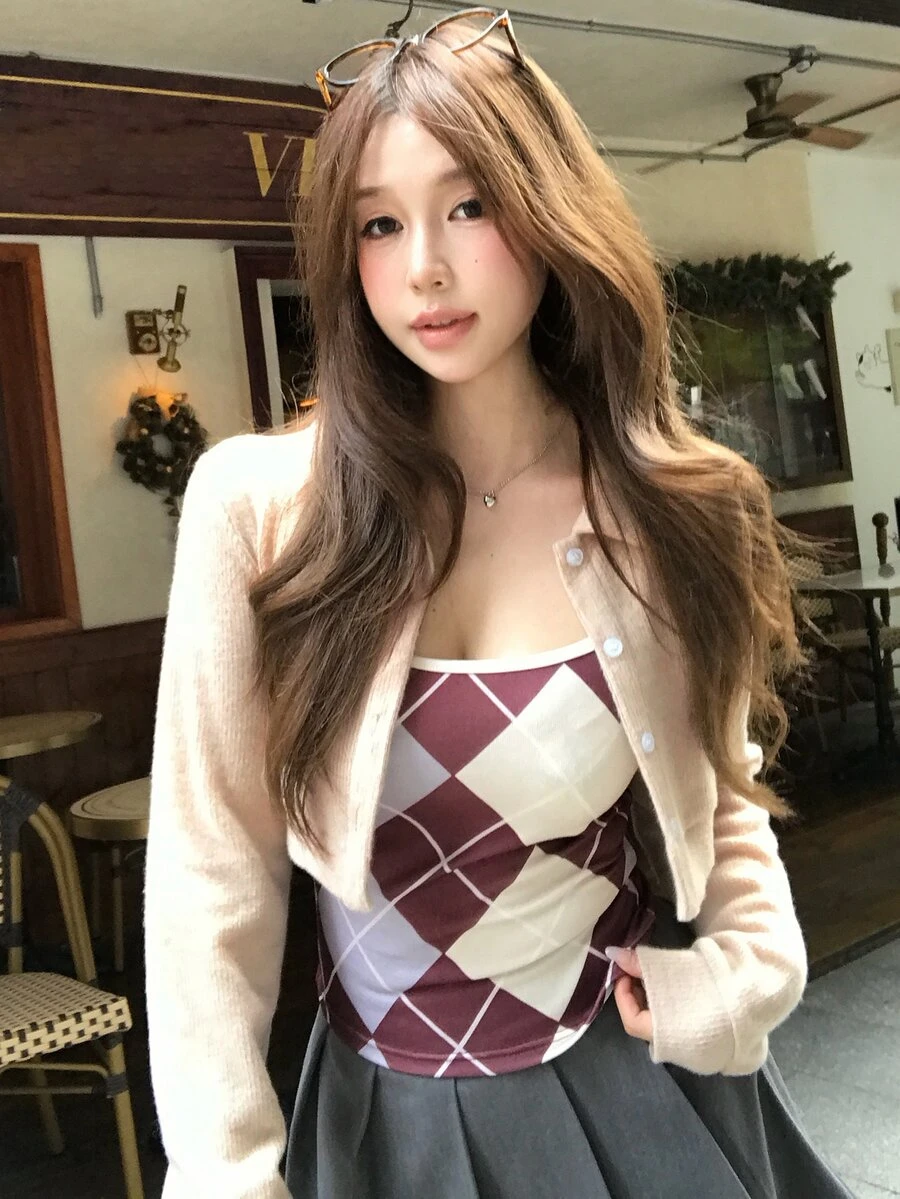 DAZY Women's Diamond Quilted Camisole And Cardigan Casual 2 Pieces Set - Apricot - View 1