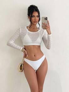 Bonvoyette Women's Spring/Fall Jacquard Fabric Solid Color Halter Top 3-Piece Bikini Set Beach Party White Tropical Sexy Elegant Women's Set Sports Swimwear - White - View 3