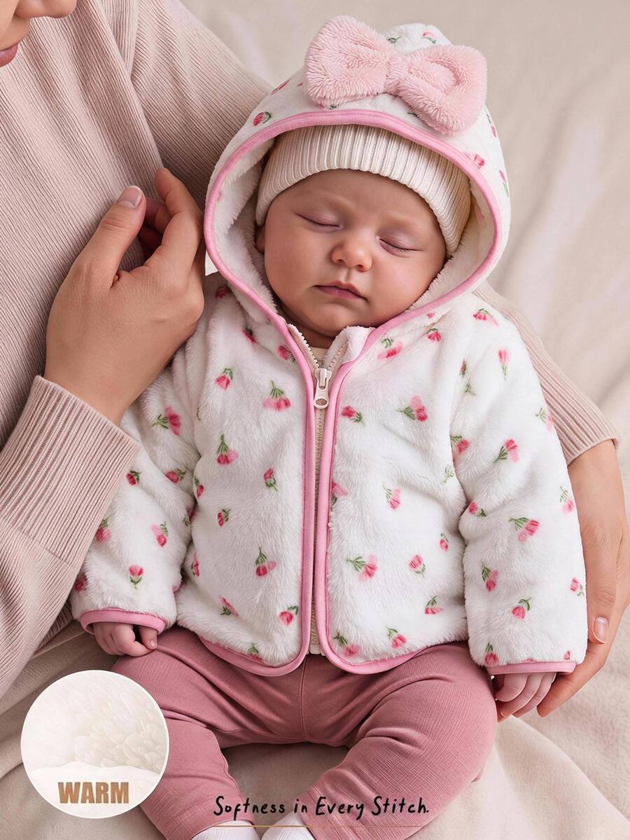 Cozy Pixies Newborn Baby Girl Floral Pattern Thermal Lined Thick Long Sleeve Zipper Winter Jacket, Versatile And Comfortable - Multicolor - View 1