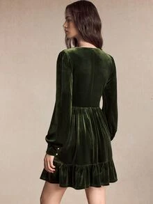 BizChic Đầm ngắn mùa hè nữ cổ chữ V xếp ly màu trơn phong cách thường ngày - màu xanh lá - Xem 3
