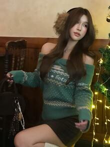 DAZY Women's Letter Pattern One Shoulder Long Sleeve Sweater - Green - View 6