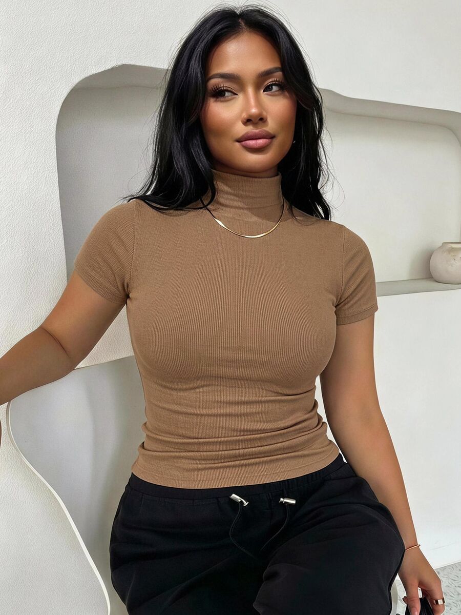 Dazy Plus Elastic Fitted Knit Casual High Neck Base Layer Short Sleeve Black Spring Summer Autumn Pullover T-Shirt - Camel - View 1