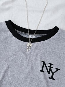 SHEIN 青少年女孩休閒T恤 兒童拼色設計搭配紐約印花圖案 日常穿著 - 彩色 - 查看 5