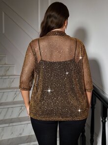 SHEIN Clasi 大尺碼優雅浪漫銀色熱感網格布料黑色閃亮夾克，黑色亮片上衣，秋季約會之夜，老錢風女性，萬聖節裝扮 - 彩色 - 查看 2