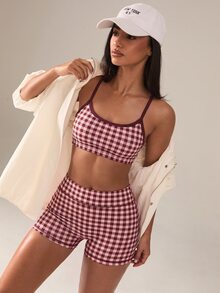 SHEIN BAE Women's Plaid Camisole Top And Shorts Sports Set - Burgundy - View 7
