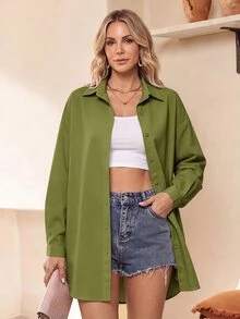 Louniche 女款純色鈕扣前襟休閒長袖襯衫，秋季長袖上衣 - 軍綠色 - 查看 3