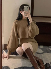 DAZY Women's Vintage Elegant Fashion Long Sleeve Sweater Dress Dinner Everyday Camel - Khaki - View 1