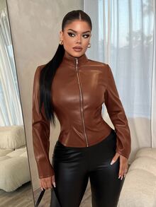 SHEIN SXY 性感修身長袖拉鍊夾克 - 鏽棕色 - 查看 5