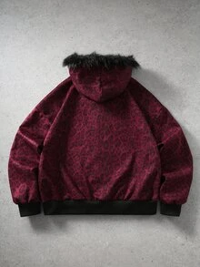 ROMWE MEN 男士寬鬆豹紋抓絨領連帽衛衣 - 中紫紅色 - 查看 2