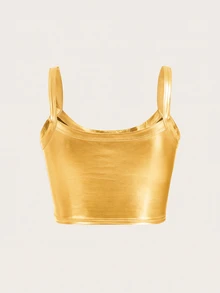 SHEIN ICON 女款金屬質感時尚短版細肩帶背心 - 金色 - 查看 3