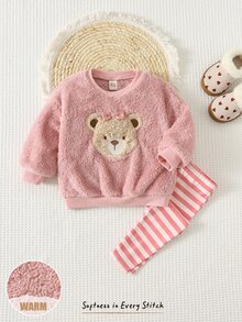 Cozy Pixies Baby Girl Casual Comfortable Daily Versatile Bear Pattern Pink Sweatshirt And Striped Long Pants Set - Pink - View 4