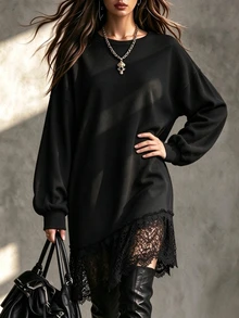 INAWLY Women's Fashion Elegant Casual Vacation Solid Color Long Sleeve Lace Hem Patchwork Dress - Black - View 5