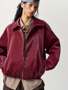 Bohemela Women's Solid Color PU Leather Drop Shoulder Long Sleeve Zipper Front Casual Regular Fit Jacket - Burgundy - View 6