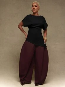 Vixey Textured Woven Boat Neck Boxy Structured Sleeve Asymmetrical Hem Elegant Top, Fall/Winter, Statement Top - Black - View 4
