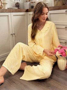 Snug Reverie French Fresh Yellow & White Plaid Lace Peter Pan Collar Long Sleeve Pajama Set - Yellow - View 5