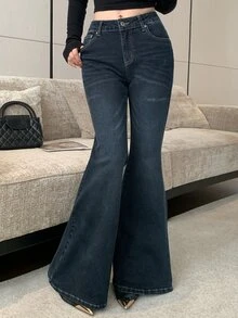 DAZY 女款休閒日常牛仔喇叭褲，附口袋與鈕扣設計 - 藍色 - 查看 7