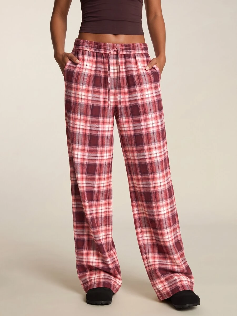 SHEIN BAE Women's Drawstring Waist Plaid Sports Long Pants With Pockets - Burgundy - View 1