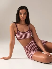 SHEIN BAE Women's Plaid Camisole Top And Shorts Sports Set - Burgundy - View 4