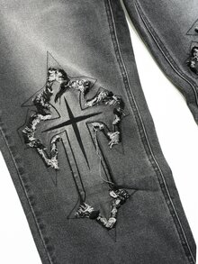 Manfinity Denimwave 男士街頭風哥德十字貼布原邊刺繡設計漸層水洗牛仔褲 - 灰色 - 查看 4